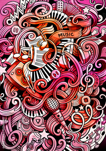 Music hand drawn doodle banner. Cartoon detailed illustrations.