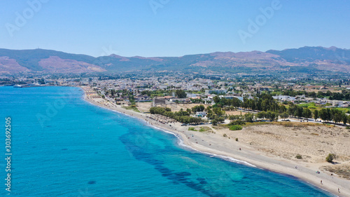 Panoramic aerial view of a Mediterranean island Kos in Greece Lambi coastline touristic area with crystal clear water on a sunny summer day