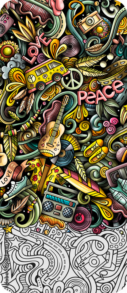 Hippie hand drawn doodle banner. Cartoon detailed illustrations.