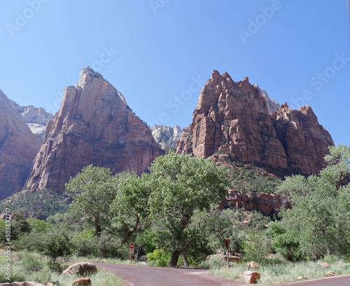Court of the Patriarchs, three imposing cliffs named for biblical figures Abraham, Isaac and Jacob at Zion National Park in Utah.