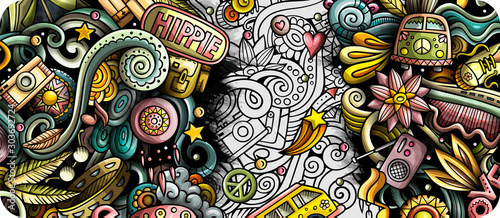 Hippie hand drawn doodle banner. Cartoon detailed illustrations.