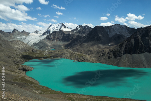 a lake in the mountains at the foot of the glacier