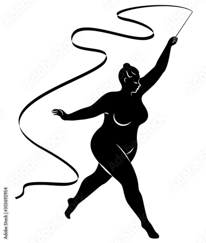 Gymnastics. Silhouette of a girl with a ribbon. The woman is overweight, a large body. The girl is full. Vector illustration.