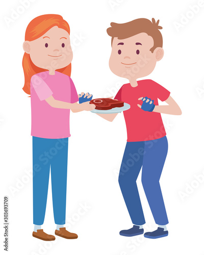 young couple characters with meat steak