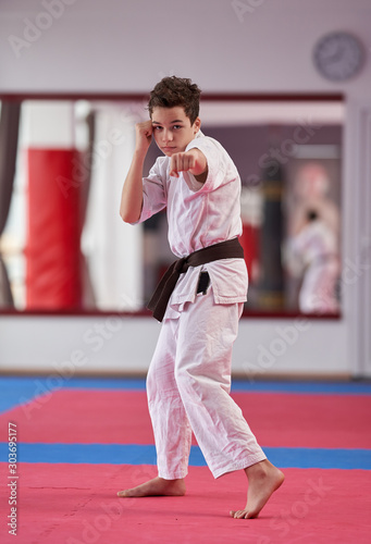 Young karate student executing a kata