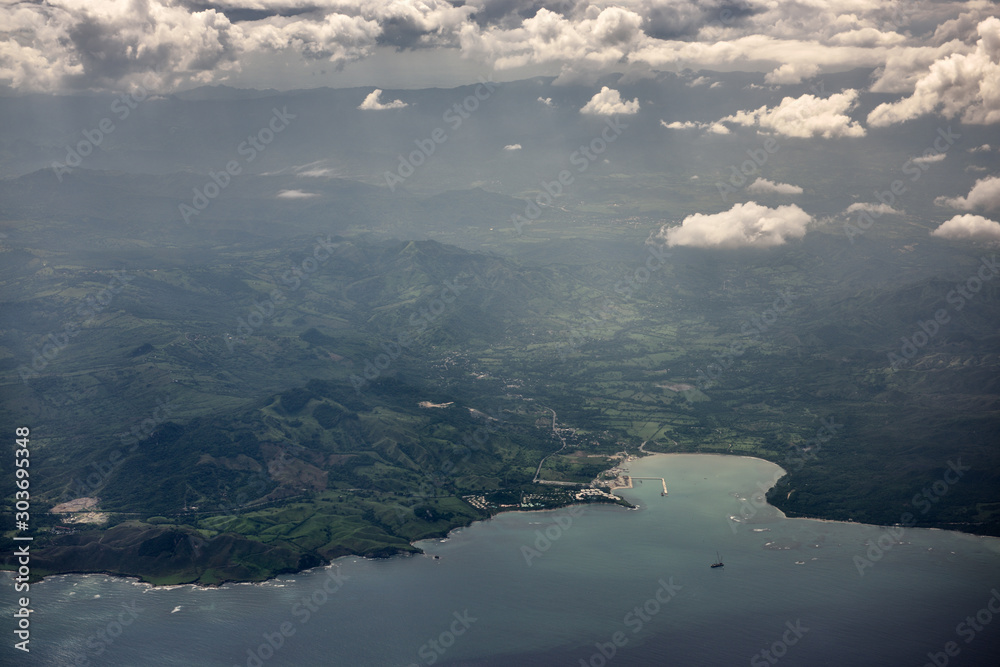 Aerial view of Maimon Bay Cruise Ship terminal near Puerto Plata Dominican Republic with Central Cordillera mountains