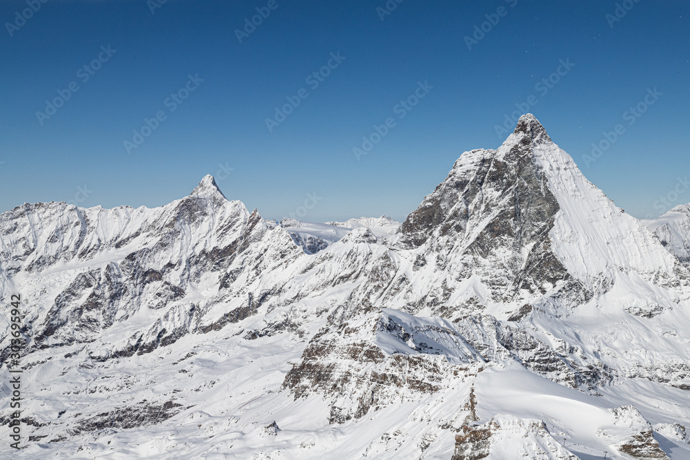 Dent d'Herens and Matterhorn in winter