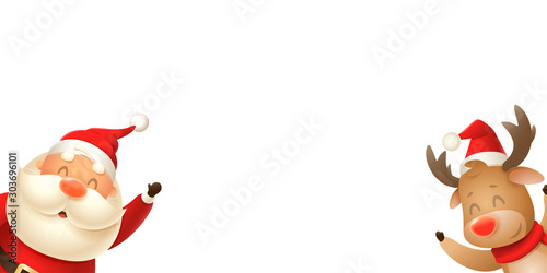 Santa Claus and Reindeer peeking on left and right side - vector illustration isolated on transparent background