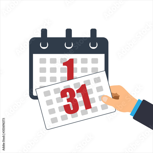 Hand tears the calendar page. Tear off calendar sheet. Off date and deadline concept. The last sheet of the calendar. New month and year. Vector illustration.	
