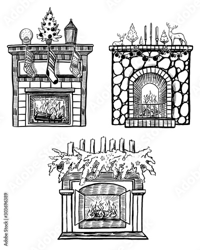 Vintage vector illustration set. A cozy Christmas fireplaces. Hand drawn graphic elements in sketch style. New year, Winter holidays Collection. Design for poster, print, postcard, sticker, card etc.