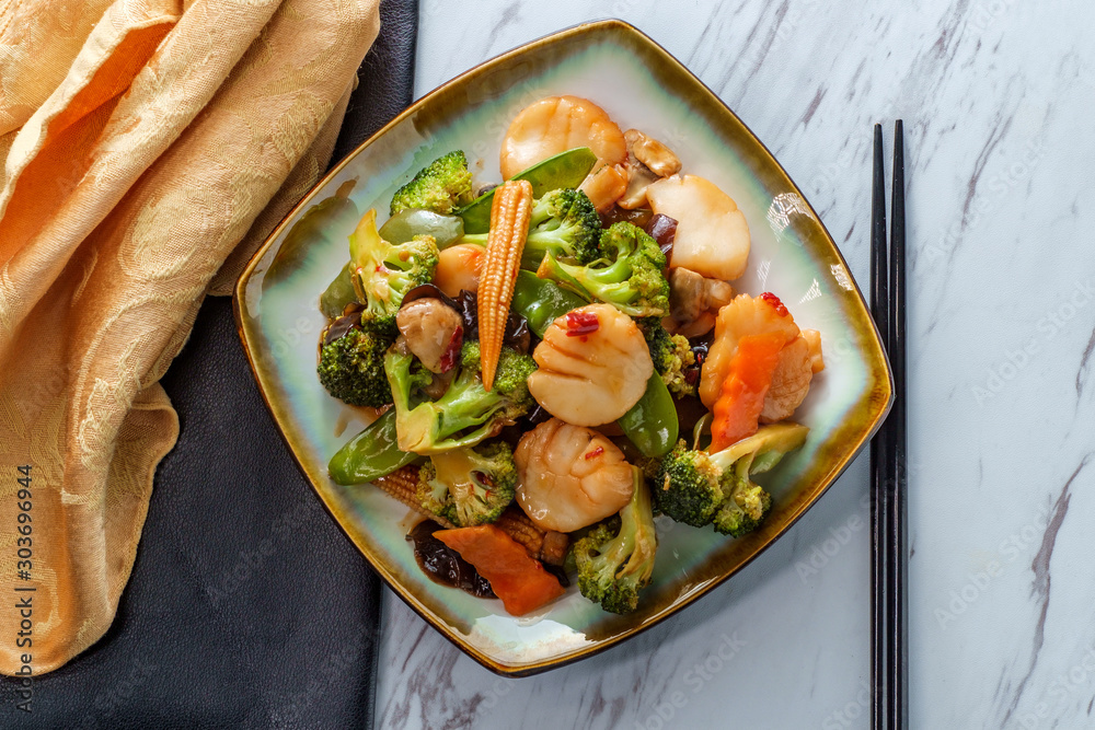 Fotografie Szechuan Scallops Chinese Vegetables