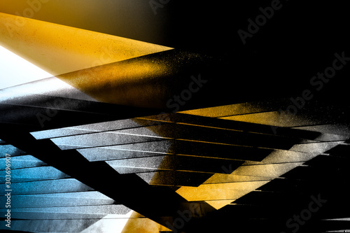 Reworked close-up photo of metal lath structure in morning light. Fragment of abstract industrial architecture background with angular structure, polygonal pattern and parallel lines viewed at sunrise