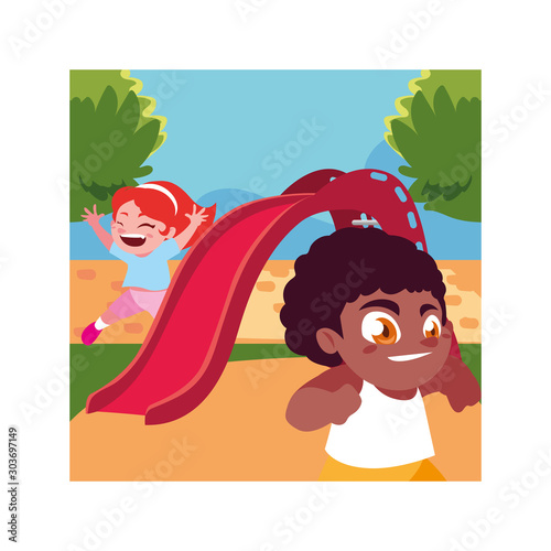 children smiling and enjoying on slide