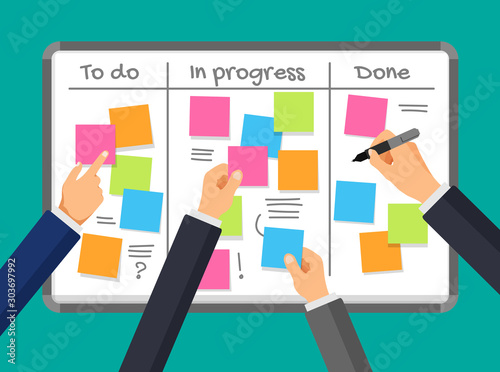 Vector notice board and business planning. Schedule on a task board. Sticker board with the businessman hands. Empty notes on a white board. Teamwork and business time management concept.	