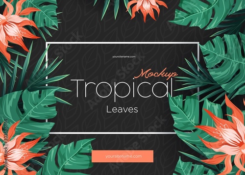 Bright tropical background with jungle plants. Exotic pattern with tropical leaves