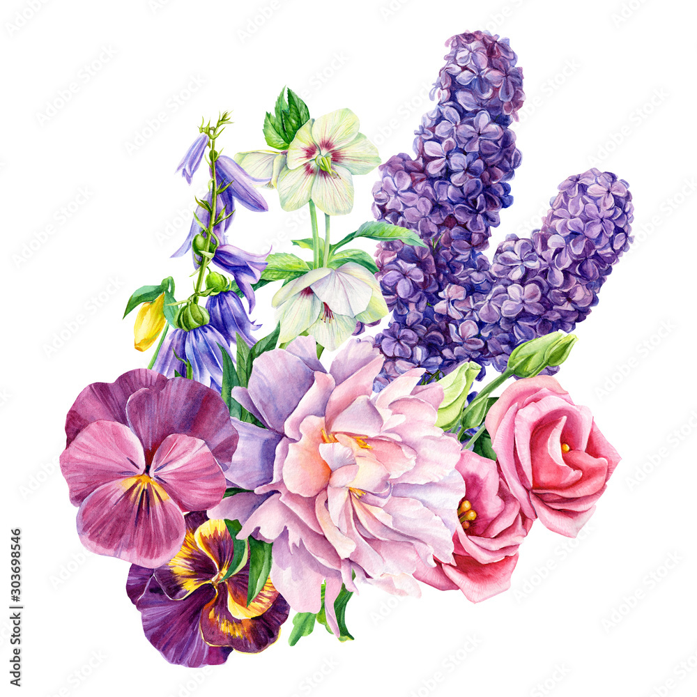 Φωτογραφία watercolor illustration, botanical painting, bouquet of flowers  lilac, peony, p