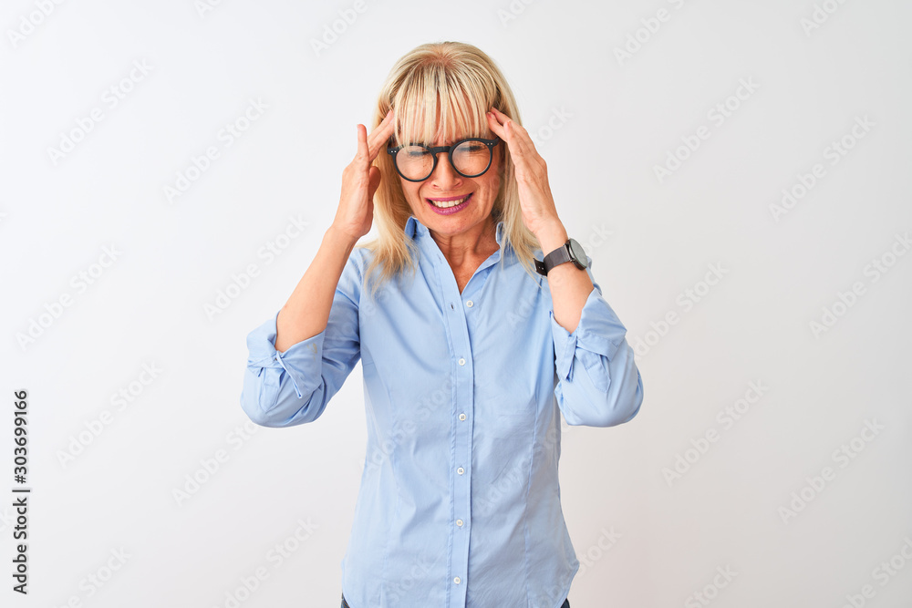 Middle age businesswoman wearing elegant shirt and glasses over isolated white background with hand on headache because stress. Suffering migraine. Middle age businesswoman wearing elegant shirt and glasses over isolated white background with hand on headache because stress. Suffering migraine.
