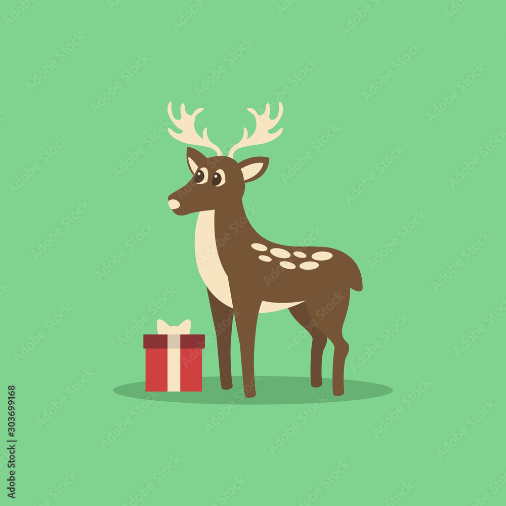 Christmas card with deer and present vector illustration on green background. Christmas card with deer and present vector illustration on green background.