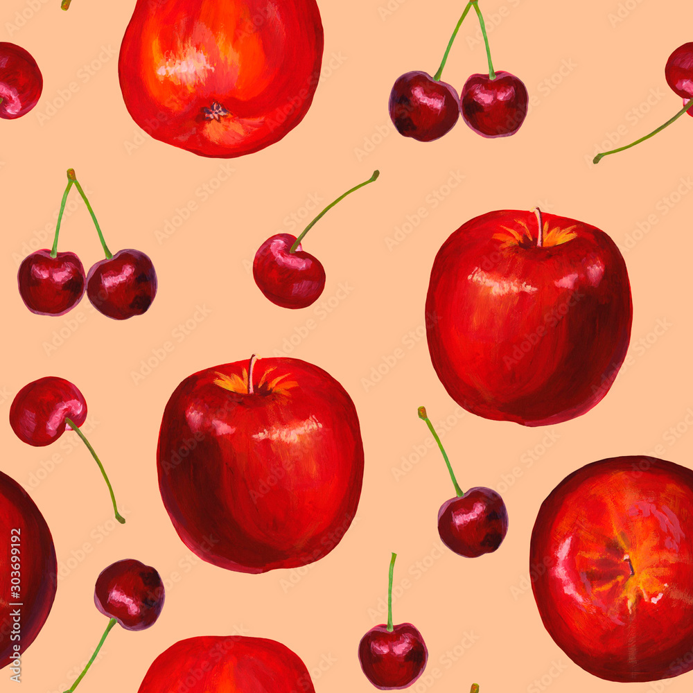 Seamless pattern with bright and fresh fruits. Drawing of acrylic paints apples and cherries on a pink background. Beautiful hand-drawn wallpaper. Organic food. Realistic drawings. Seamless pattern with bright and fresh fruits. Drawing of acrylic paints apples and cherries on a pink background. Beautiful hand-drawn wallpaper. Organic food. Realistic drawings.