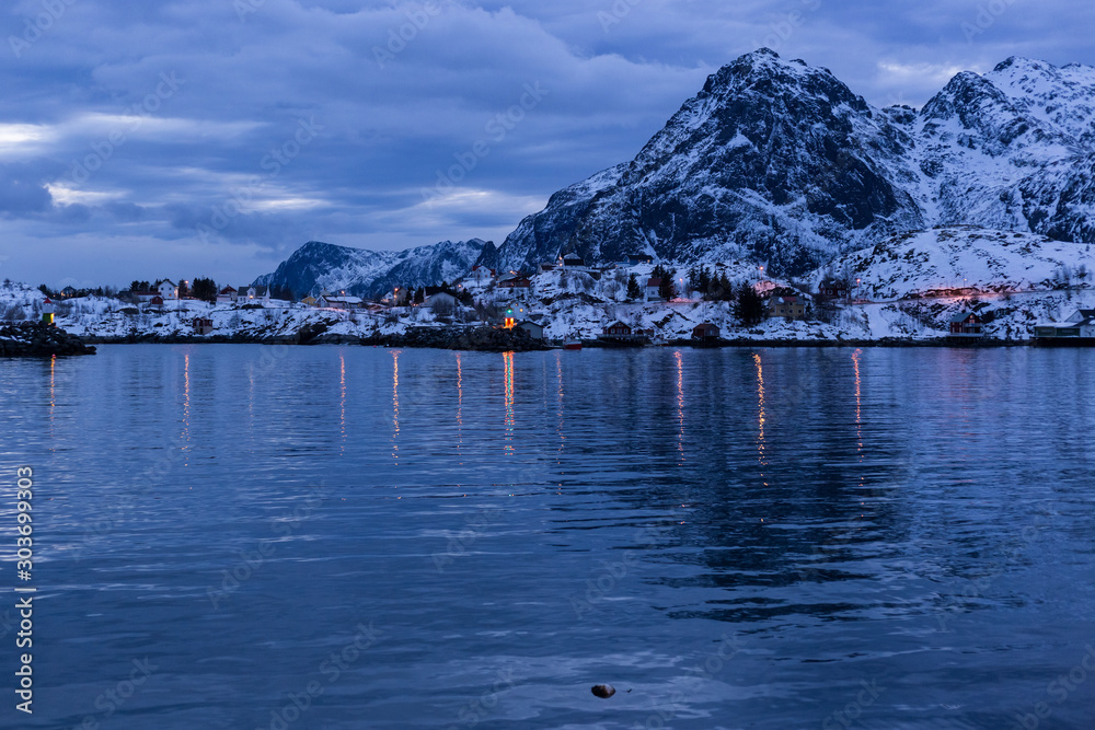 Evening mood on Lofoten islands in winter
