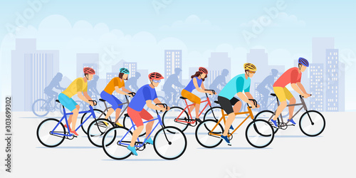 City bicycle sport marathon. Vector flat cartoon bike race illustration. Cyclist people on urban landscape background