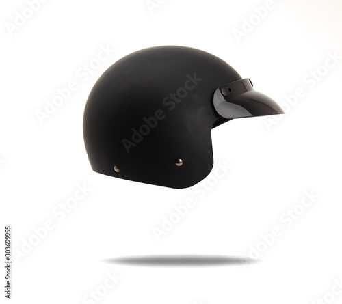 Open face black helmet on white background.