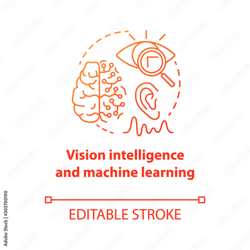 Vision intelligence and machine learning red concept icon. Smart computer system idea thin line illustration. Robotics knowledge. Thinking, analysing. Vector isolated outline drawing. Editable stroke Vision intelligence and machine learning red concept icon. Smart computer system idea thin line illustration. Robotics knowledge. Thinking, analysing. Vector isolated outline drawing. Editable stroke
