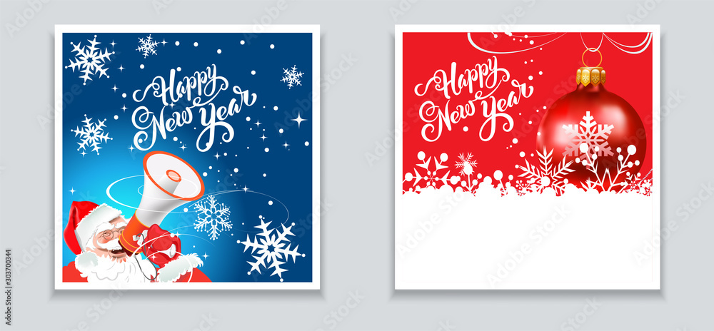 Christmas cards for your design. Two images with Christmas balls and Santa Claus for holiday and New Year decoration. Colors image: blue, red, white. Vector graphics. Christmas cards for your design. Two images with Christmas balls and Santa Claus for holiday and New Year decoration. Colors image: blue, red, white. Vector graphics.