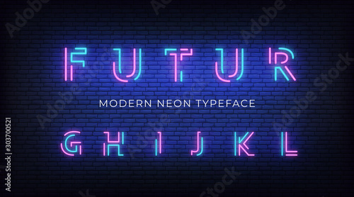 Neon light alphabet font. Glowing neon illuminated 3d modern typeface. Letters g, h, i, j, k ,l