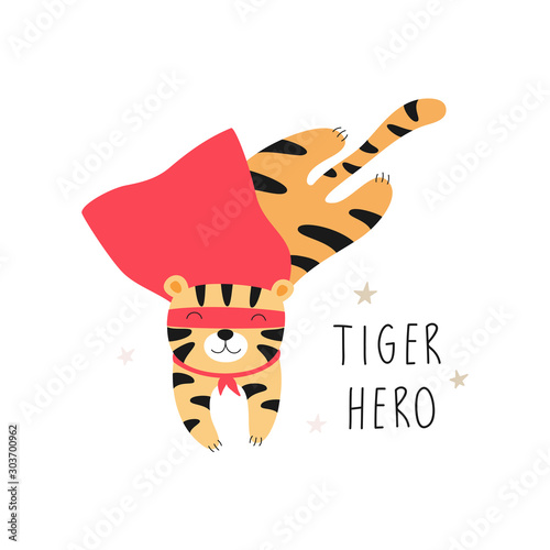 Сute tiger in a superhero costume. Children vector illustration for print on a t-shirt, poster, postcard.