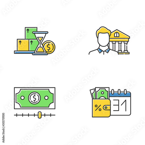 Loan color icons set. Monthly icome increase report. Personal loan. Credit manager. Investment, budget chart. Cash advance. Bank building. Credit bureau. Borrow money. Isolated vector illustrations