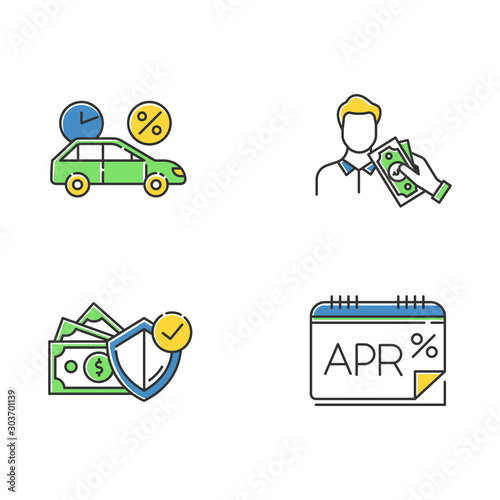 Loan color icons set. Car credit with interest rate. Borrow, loan money. Give, take cash. Pay for insurance. Annual percentage rate report. APR calculations. Isolated vector illustrations