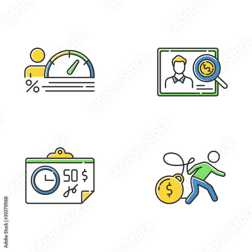 Loan color icons set. Personal creditworthiness report. Bunkrapcy risk. Credit score diagram. Paycheck, bill, tax sheet with price. Heavy credit card debt. Isolated vector illustrations