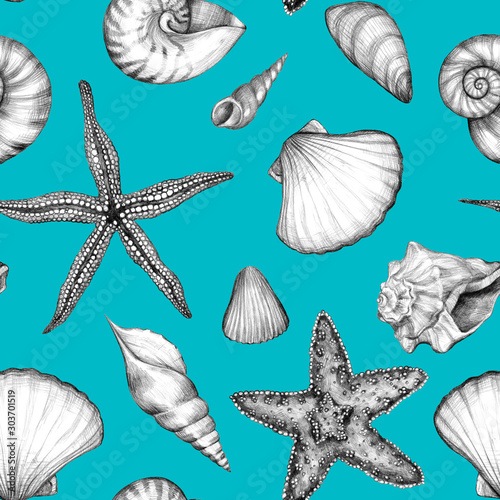 Sea summer seamless pattern. Graphic drawings of starfish, shells, mollusks on a blue background. Vintage style. Original pencil hand drawn illustration. Tropical seashells texture.