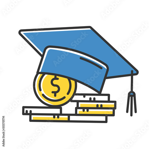 Student loan color icon. Credit to pay for university education. Tuition fee. College scolarship. Graduation hat, coin stack. Budget investment. Academic achievement. Isolated vector illustration
