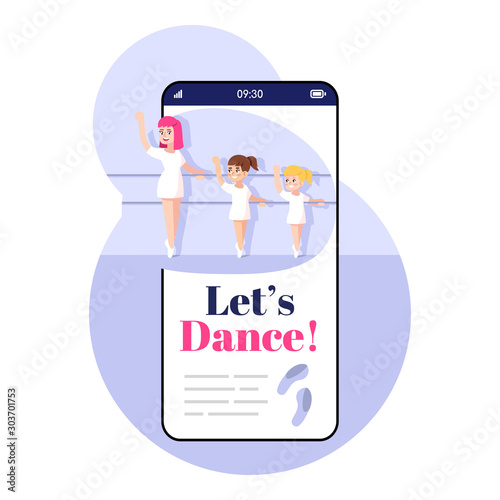 Lets dance smartphone app screen. Mobile phone display with cartoon characters design mockup. Classical ballet. Choreography application for kids telephone interface