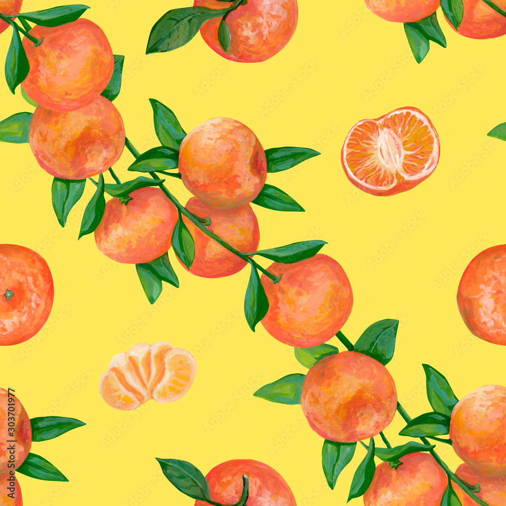 Hand drawn seamless pattern. Realistic botanical drawing with acrylic paint. Branch with tangerine fruits, whole, cut and slice of tangerines on yellow background. Element design, wallpaper, wrapping. Hand drawn seamless pattern. Realistic botanical drawing with acrylic paint. Branch with tangerine fruits, whole, cut and slice of tangerines on yellow background. Element design, wallpaper, wrapping.