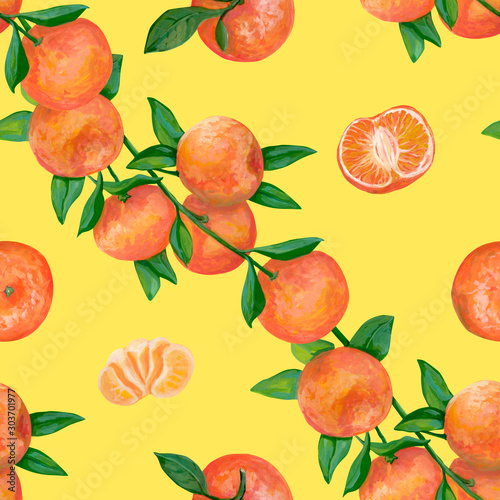 Fototapeta Naklejka Na Ścianę i Meble -  Hand drawn seamless pattern. Realistic botanical drawing with acrylic paint. Branch with tangerine fruits, whole, cut and slice of tangerines on yellow background. Element design, wallpaper, wrapping.