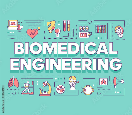 Biomedical engineering word concepts banner. Biotechnology for health. Healthcare development. Presentation, website. Isolated lettering typography idea with linear icons. Vector outline illustration photo