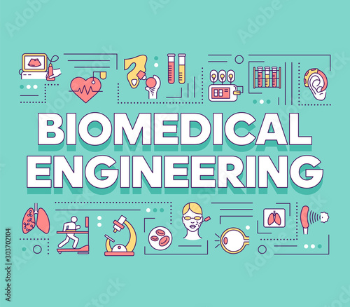 Biomedical engineering word concepts banner. Biotechnology for health. Healthcare development. Presentation, website. Isolated lettering typography idea with linear icons. Vector outline illustration