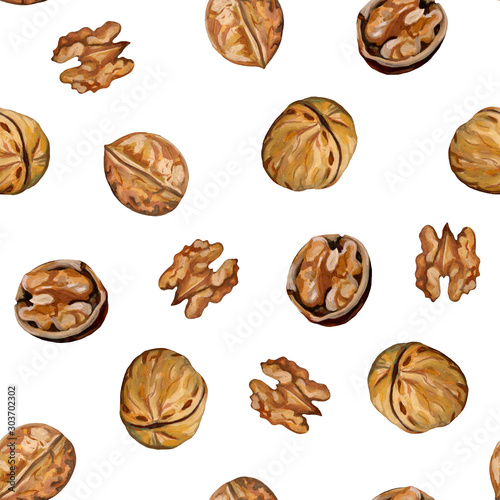 Autumn pattern. Beautiful background with walnuts. Realistic drawing with acrylic paints. Vintage style. Botanical sketches of autumn fetus. Ideal for cards, wrapping paper, fabric and other designs.