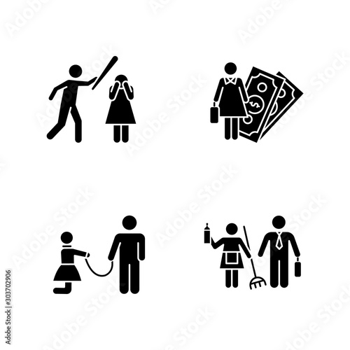 Gender equality glyph icons set. Female economic activity. Violence against woman. Sexual slavery. Bullying. Gender stereotypes. Isolated vector. Silhouette symbols. Vector isolated illustration