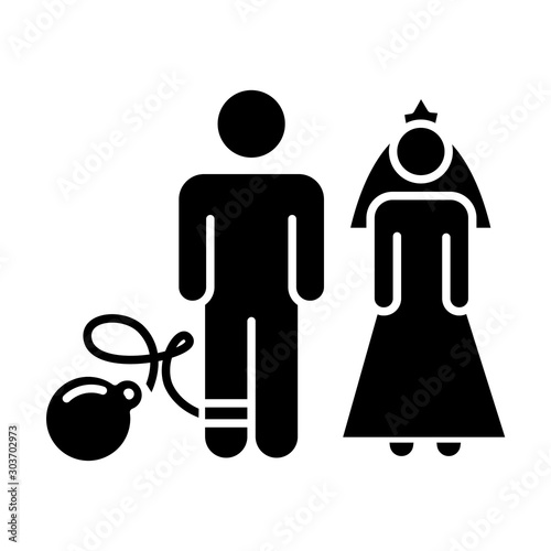 Forced marriage glyph icon. Woman and man, groom and bride. Family burden. Forcible wedlock. Compulsory marriage. Female, male rights. Silhouette symbol. Negative space. Vector isolated illustration