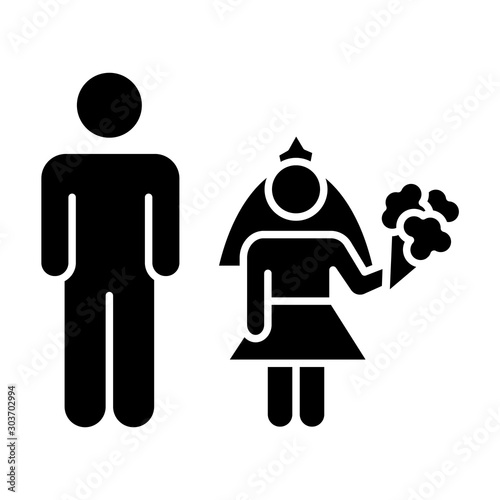 Child marriage glyph icon. Girl and man, groom and bride. Forcible wedlock. Compulsory marriage. Female, male rights. Silhouette symbol. Negative space. Vector isolated illustration