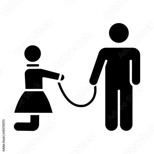 Sexual slavery glyph icon. Violation of female human rights. Abusing woman. Man with girl on leash. Sex with no consent. Crime offense. Silhouette symbol. Negative space. Vector isolated illustration