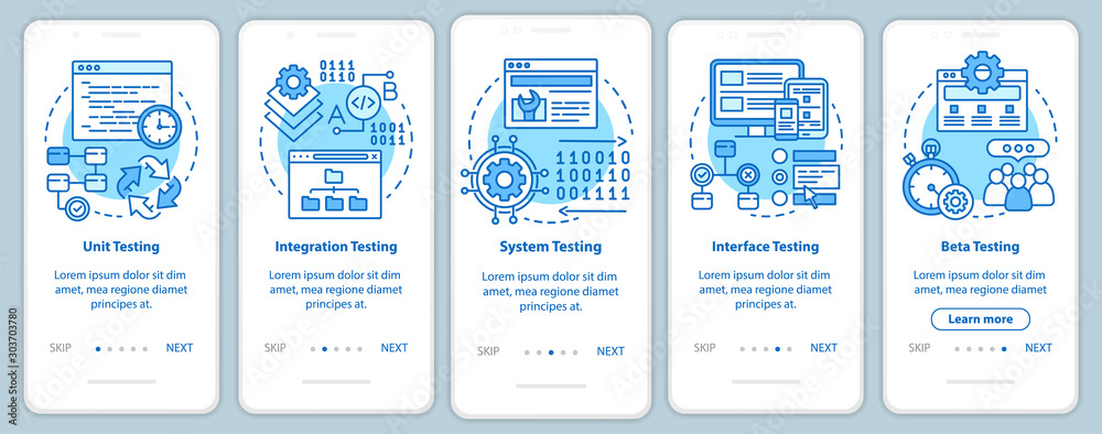 Functional software testing blue onboarding mobile app page screen ...