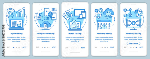 Software performance testing blue onboarding mobile app page screen vector template. Quality control. Walkthrough website steps with linear illustrations. UX, UI, GUI smartphone interface concept