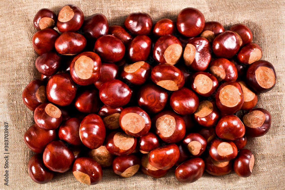 Chestnuts on a textile background. Top view. Chestnuts on a textile background. Top view.