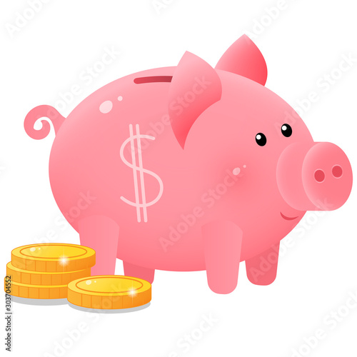 Color image of cute piggy bank or moneybox with coins on white background. Money and finance. Vector illustration.