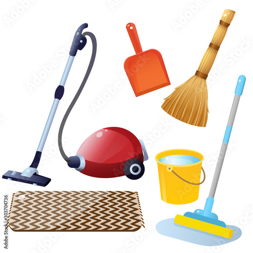 Tools for cleaning and housework. Color images of hoover with carpet, mop with bucket of water, broom with dustpan on white background. Vector illustration set.